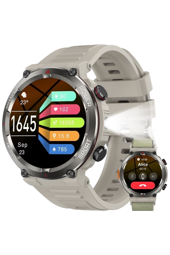 1.45" Military Smart Watch for Men,with Calling,Flashlight,Compass,100+ Sports Modes,960 mAh Battery,fits for iPhone Samsung Android,Khaki