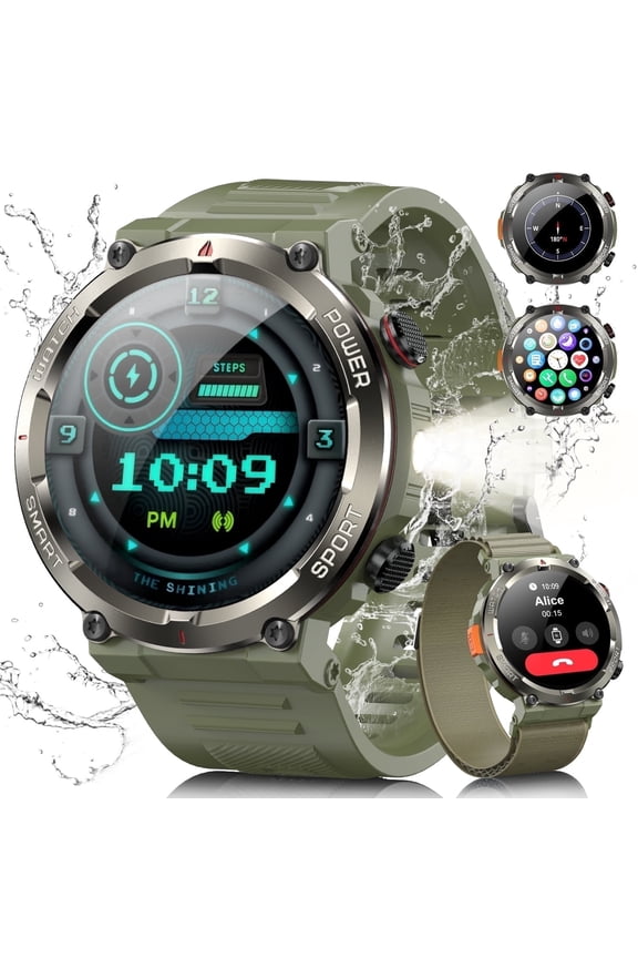 1.45" Waterproof Military Smartwatch for Men,with Calling,Flashlight,Compass,100+ Sports Modes,960mAh Battery,fits for iPhone Android,Green