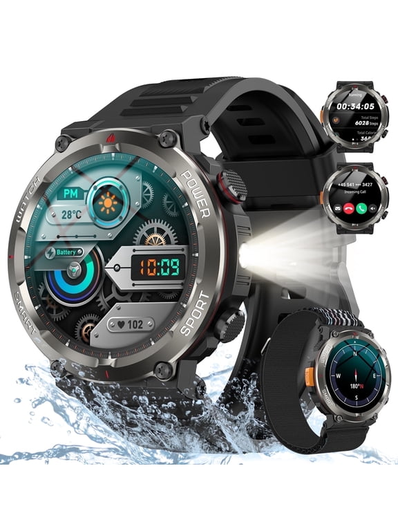 Rugged Smart Watch for Men, 1.45" HD Display Bluetooth Calling Smartwatch with Flashlight, Compass, 960mAh Battery, 100+ Sports Modes, Military Style Fitness Watch for Android iPhone,Black