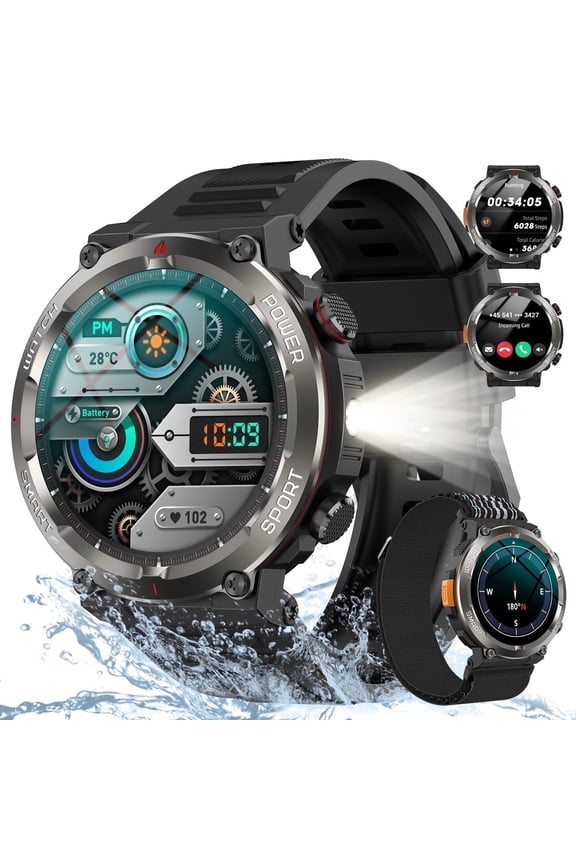 Rugged Smart Watch for Men, 1.45" HD Display Bluetooth Calling Smartwatch with Flashlight, Compass, 960mAh Battery, 100+ Sports Modes, Military Style Fitness Watch for Android iPhone,Black