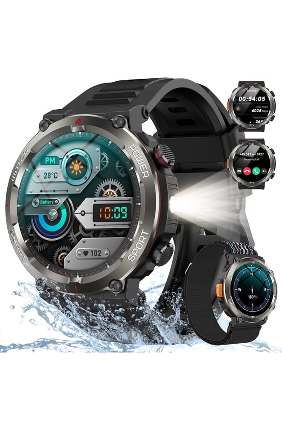 Outdoor Waterproof Military Smart Watch for Men,1.45" HD Watch,with Calling,Flashlight,100+ Sports Modes,fits for iPhone Android,Black