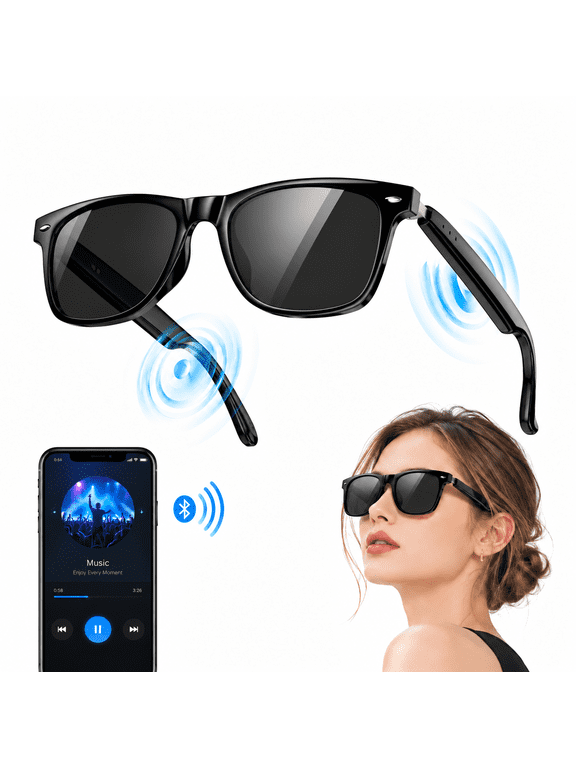 Smart Bluetooth Glasses for Women Men, Open Ear Audio Sunglasses with Polarized Lens, Hands-Free Calls, Voice Assistant, Black