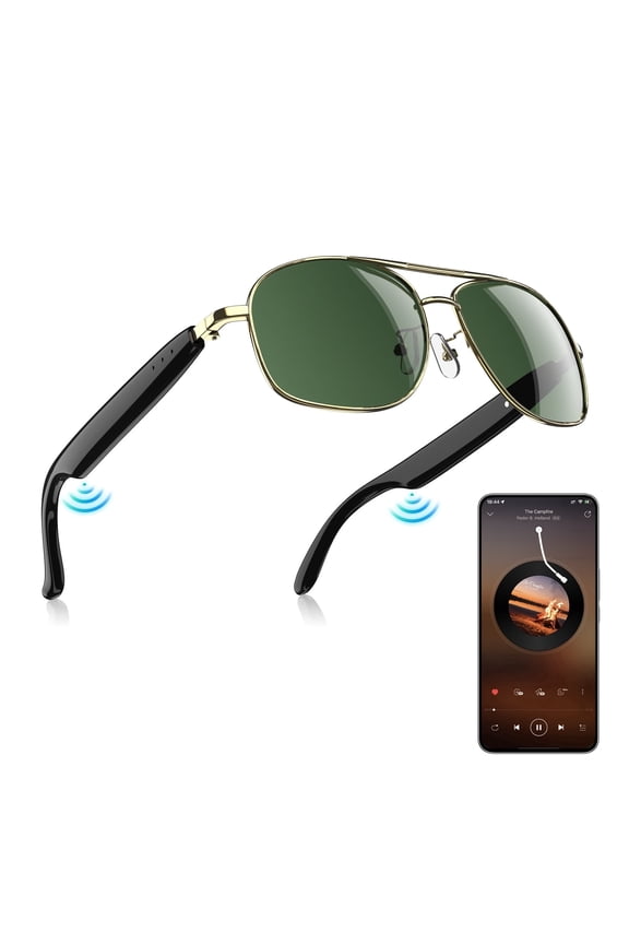 Smart Audio Sunglasses with Bluetooth, Polarized Open Ear Headphones Glasses for Men Women, UV400 Protection, Touch Control Voice Assistant, Business Travel, Gold