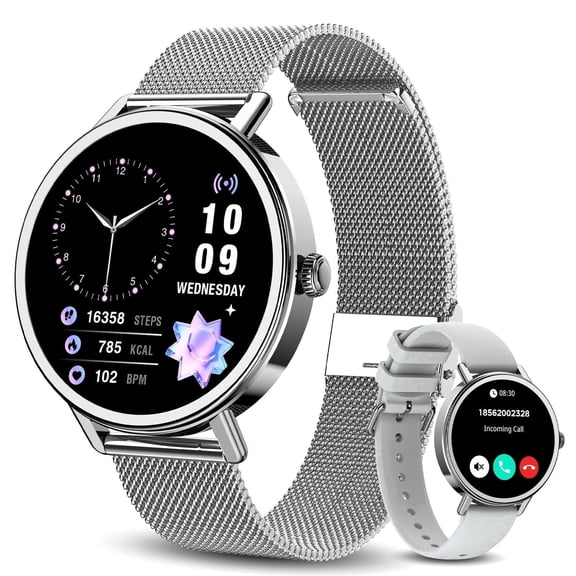 IOWODO Smart Watch for Women Men, Bluetooth Calling Fitness Tracker, 1.26" Touch Screen, 100+ Sport Modes, IP68 Waterproof, Message Notifications, Compatible with Android iPhone (Sliver)