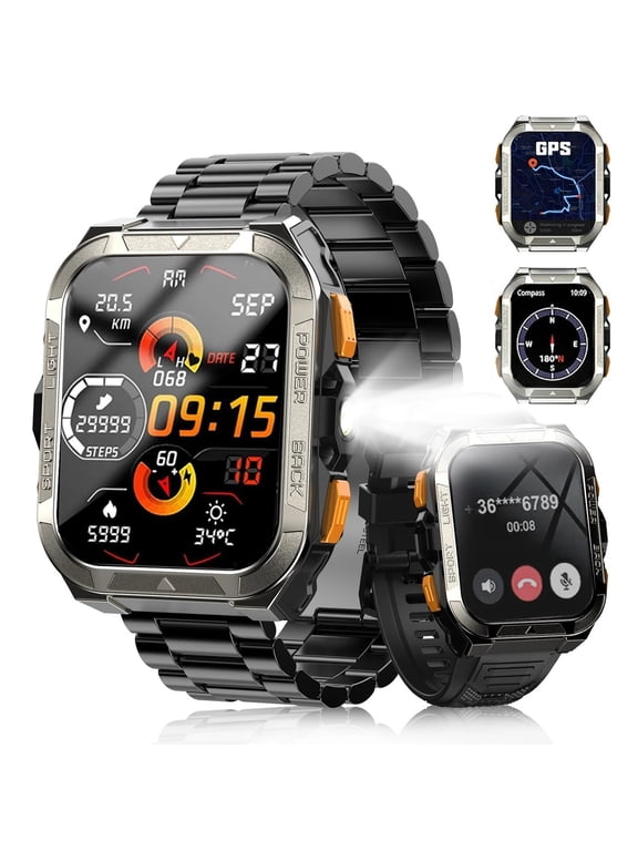 GPS Military Smart Watch for Men, 1.91" Rugged Outdoor Smartwatch with Bluetooth Calling, Compass, Flashlight, 900mAh Battery, 100+ Sports Modes, Fitness Watch for Android iPhone, Black