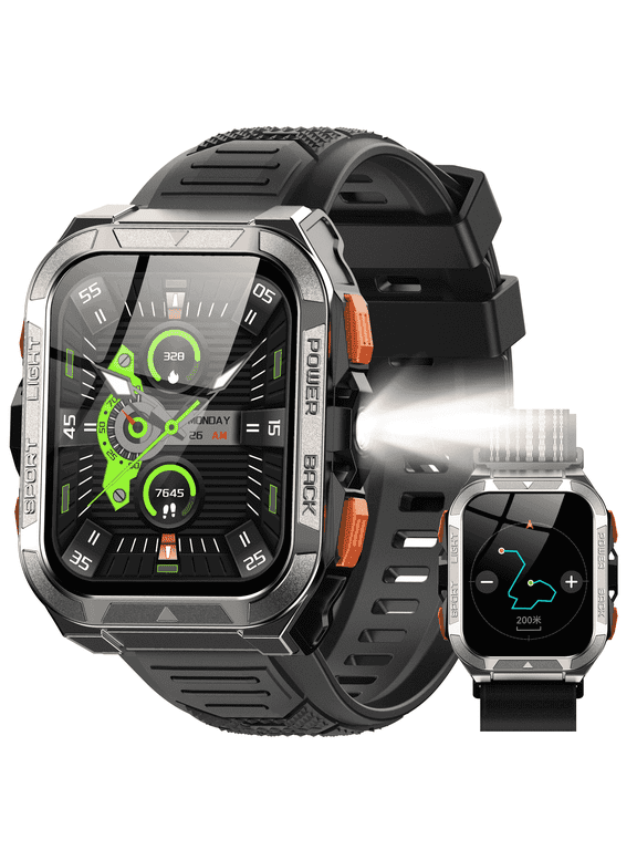 GPS Military Smart Watch for Men, Tactical Outdoor Smartwatch with Compass, Flashlight, Bluetooth Calling, 100+ Sports Modes, 900mAh Battery, Rugged Watch for Android iPhone,Black