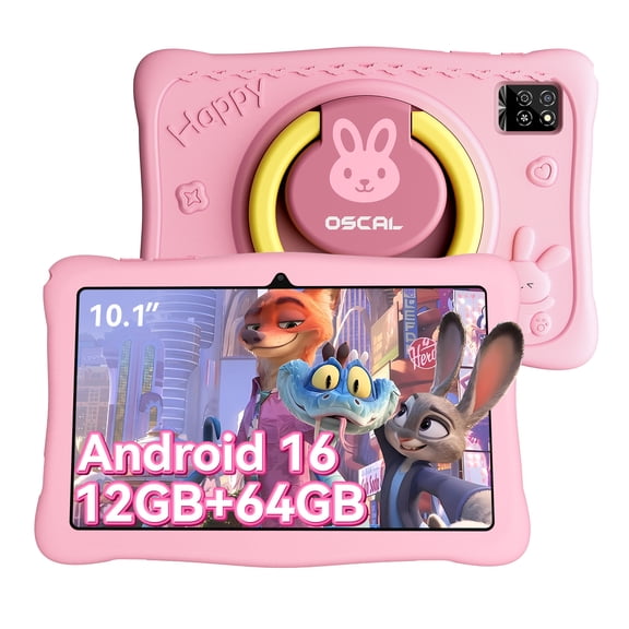 OSCAL KIDO2 Kids Tablet,10.1" HD+ Display with Shockproof Case,12GB RAM+64GB ROM,6600mAh Battery Google Kids Space,Parental Controls,Pink