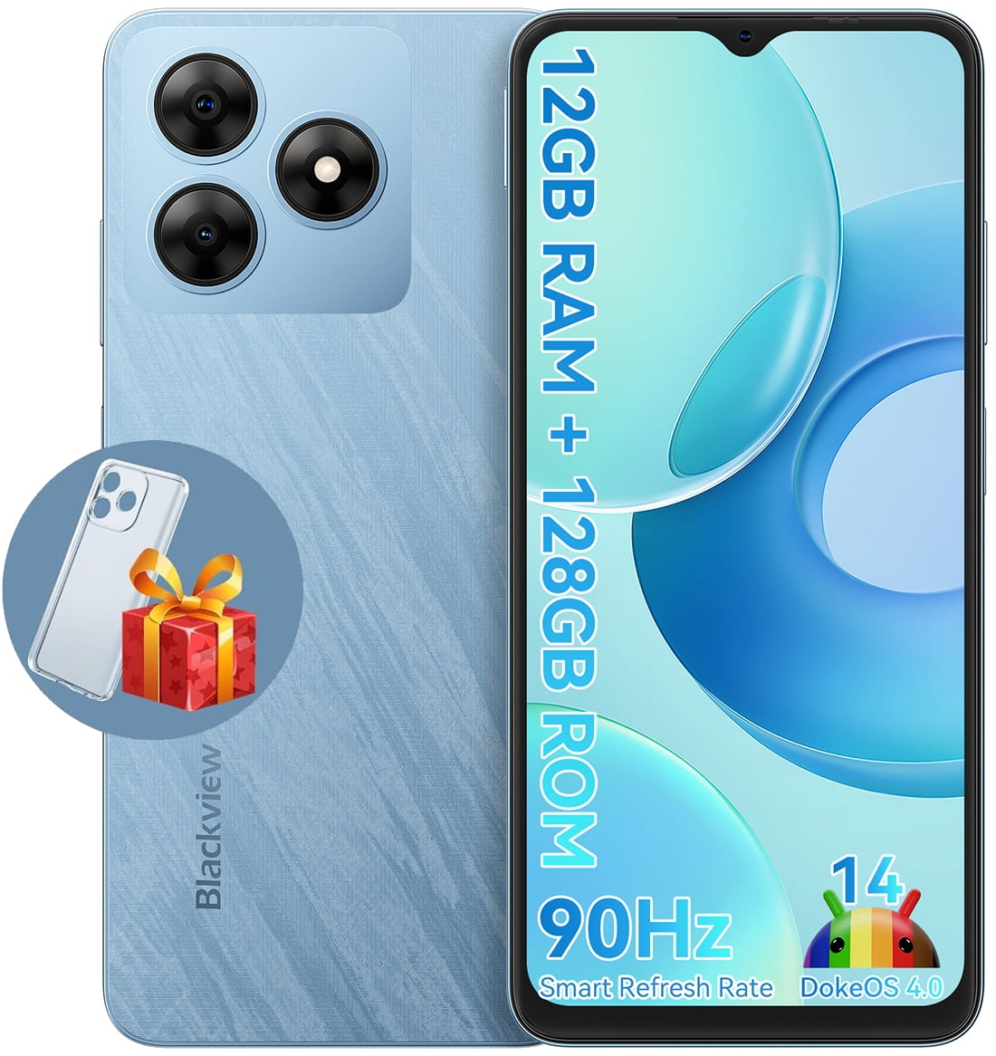 Blackview Unlocked Cell Phones Wave 8 4GB RAM 128GB ROM Octa-core GSM 4G LTE Smartphone Dual SIM , 6.5" HD+ 90Hz, Blue