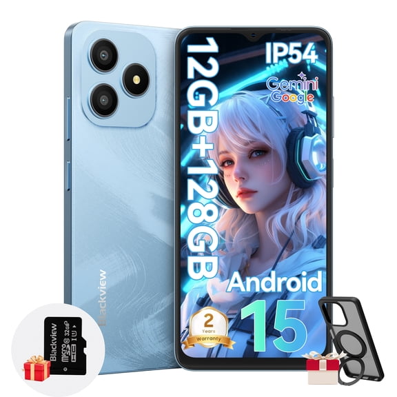 Blackview Wave 9C Unlocked Android Phones, Android 15 Cell Phone Unlocked, 6.56" Smartphones, 12+128GB/2TB,13MP+8MP,5000mAh,Fingerprint/Face ID, BLue