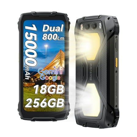 Blackview Unlocked Rugged Phone with Camping Light, 15000mAh 18GB+256GB 50MP+32MP+20MP Night Vision Camera, 6.67" Android 14 Rugged Smartphone, Glove Mode/NFC/Fingerprint