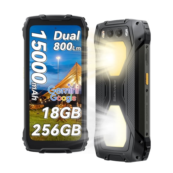 Blackview Unlocked Rugged Phone with Camping Light, 15000mAh 18GB+256GB 50MP+32MP+20MP Night Vision Camera, 6.67" Android 14 Rugged Smartphone, Glove Mode/NFC/Fingerprint