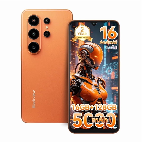 Blackview WAVE 10C Unlocked Android Phones,16GB+128GB,6.88" HD+ Display,5000mAh Long-Lasting Battery,32MP Rear Camera,13MP Selfie Camera,Dual SIM 4G LTE,Google Android 16(Sunset Orange)