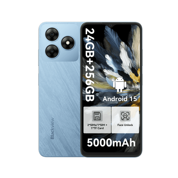 Blackview WAVE 8 Unlocked Phones, Android 15 Smartphones 24GB+256GB/2TB, 4G Octa-Core, 13MP+8MP AI Camera 5000mAh/10W Cell Phone, 6.56" HD+, GPS/OTG, Fingerprint/Face ID Mobile Phones, Blue