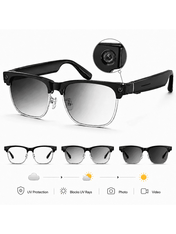 AI Smart Glasses with Camera for Men and Women, Bluetooth Smart Glasses, Photochromic Blue Light Lenses, HD Video, Calling, Music, 16Gb