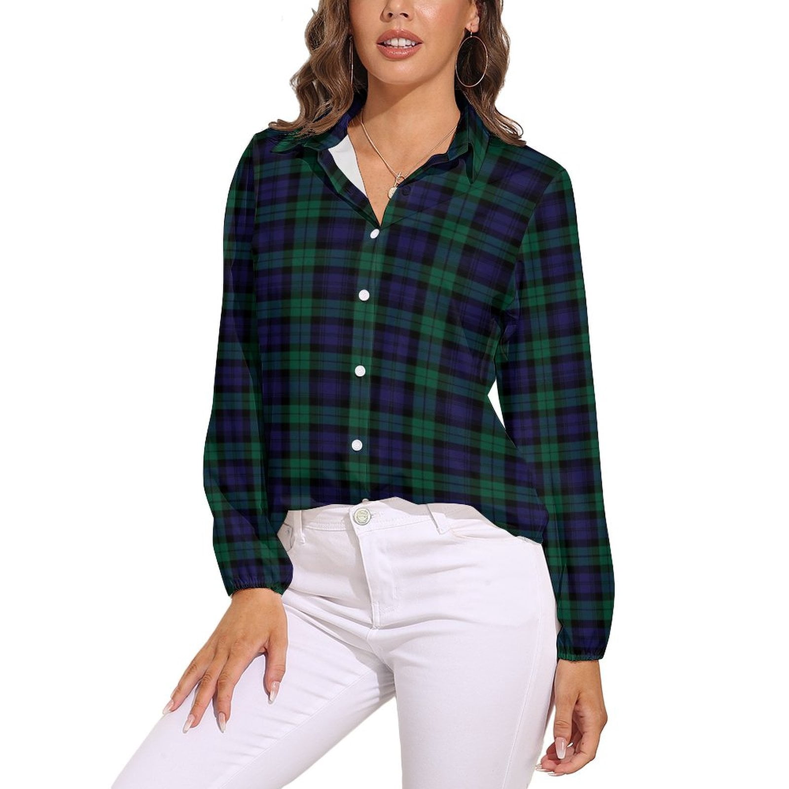 Blackwatch Tartan Modern Cute Blue And Green Plaid Long Sleeve Blouse ...