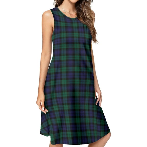 Blackwatch Tartan Modern Cute Blue and Green Plaid Spring Summer Dresses for Women Fashion T-shirt Dress Casual Sleeveless Loose Sundress with Pockets