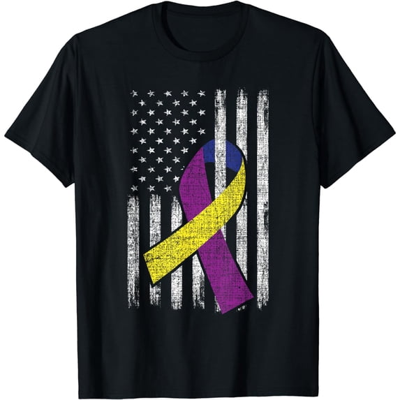 Bladder Cancer Awareness Purple Gold Ribbon American Flag T-Shirt