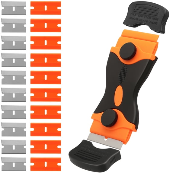 Blade Scraper Tool Scraper with 10 Metal and 10 Plastic Blades Sticker Cleaning Remover for Glass Decals Tint Stickers Labels Caulk Adhesive,Orange