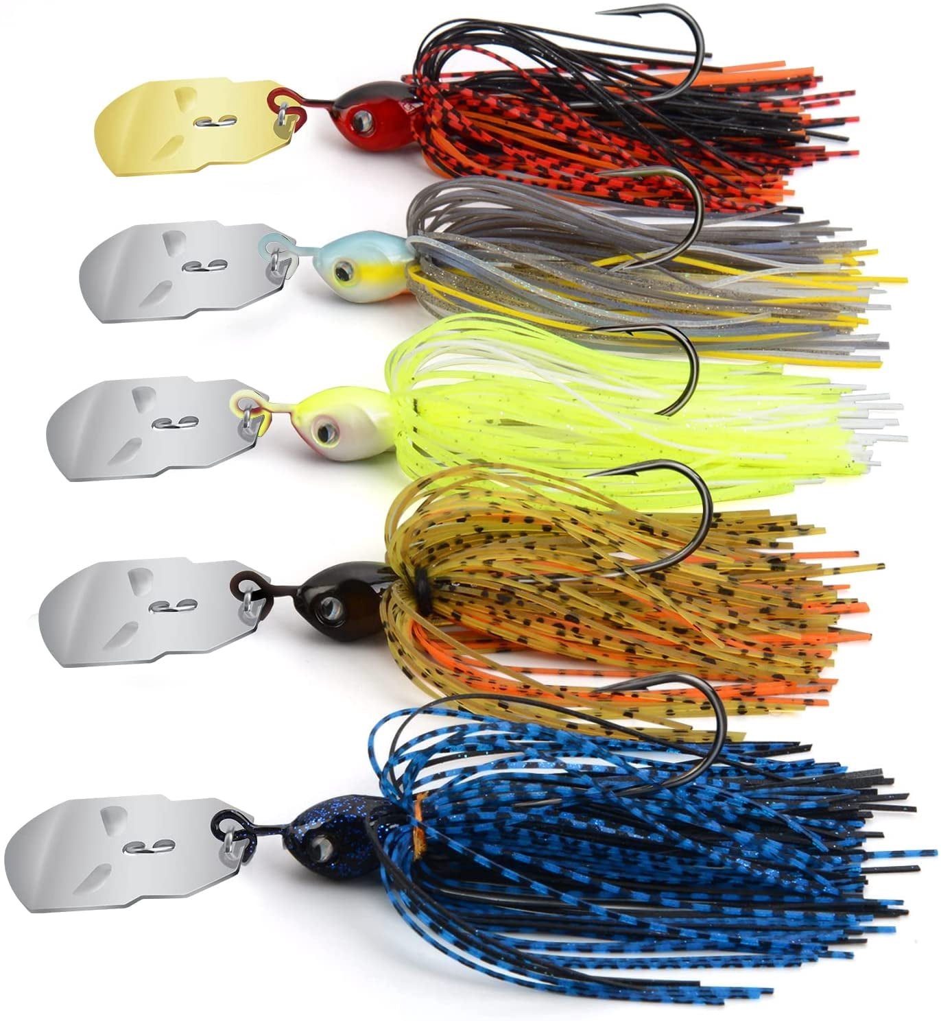 Bladed Jig Fishing Lures, 5 pc Multi-Color Kits, Irresistible Vibrating Action, Sticky-Sharp Heavy-Wire Needle Point Hooks, Popular 1/2 oz Sizes, Includes Storage Box