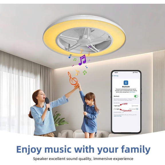 Bladeless Ceiling Fan with Bluetooth Speaker, Low Profile Flush Mount Light and Remote/APP Control, 6 Speeds Reversible 3 Color LED Dimmable for Bedroom