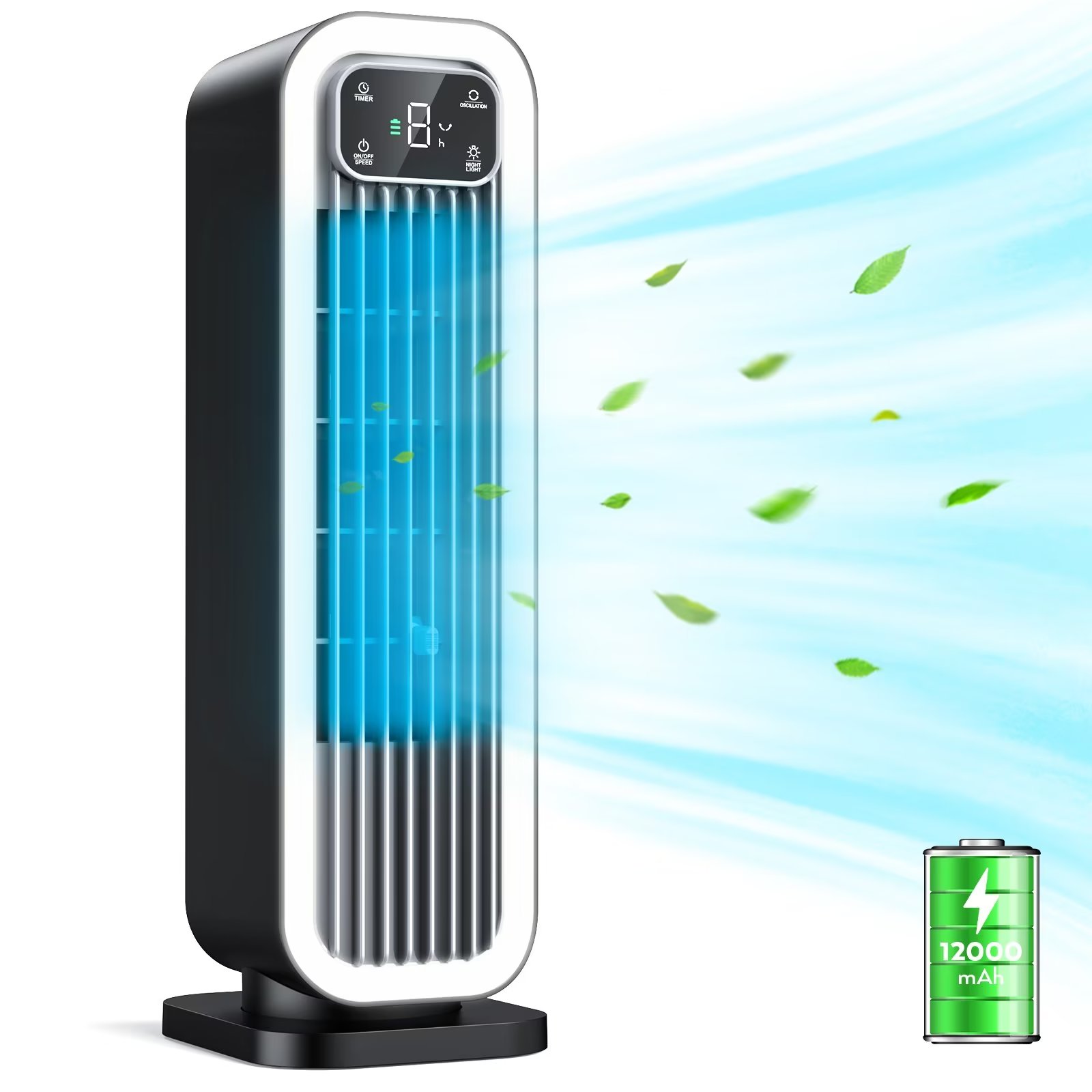 Bladeless Tower Fan for Bedroom 15 Cordless Small Desk Fan Type C 12000mAh Battery Operated Oscillating Quiet Usb Fans with Dimmable Night Lights Portable Table Office Fan for Living Room Outdoor Walm...