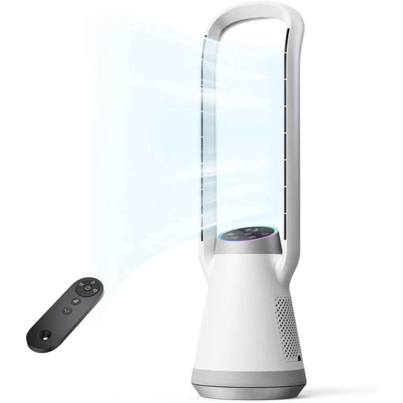 Bladeless Tower Fan for Bedroom, Portable Standing Fan with Remote, Dual Air Outlets for Wider Oscillation, 12H Timer & 3 Speeds, 5 Light Modes, Quiet DC Motor for Home Office Use, White