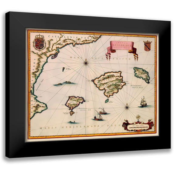 Blaeu 14x12 Black Modern Framed Museum Art Print Titled - Balearic Islands Spain - Blaeu 1635