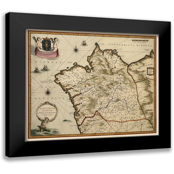 Blaeu 14x12 Black Modern Framed Museum Art Print Titled - Iberian Peninsula Galicia Spain - Blaeu 1635