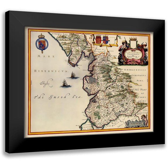 Blaeu 14x12 Black Modern Framed Museum Art Print Titled - Lancashire County England - Blaeu 1645