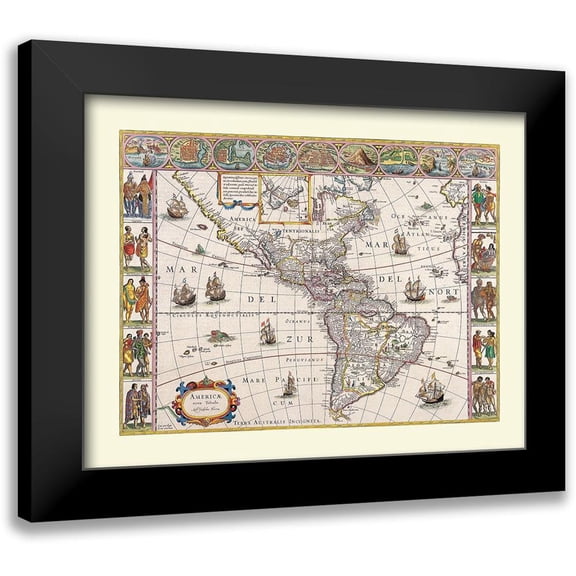 Blaeu 14x12 Black Modern Framed Museum Art Print Titled - North South America - Blaeu
