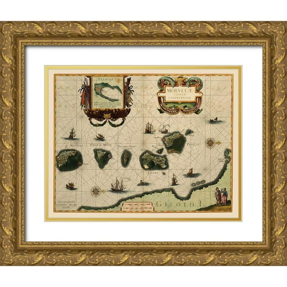 Blaeu 14x12 Gold Ornate Wood Framed with Double Matting Museum Art Print Titled - Asia Maluku Islands Indonesia - Blaeu 1630