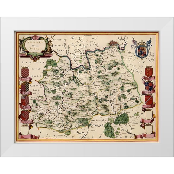 Blaeu 14x12 White Modern Wood Framed Museum Art Print Titled - Surrey County England - Blaeu 1645