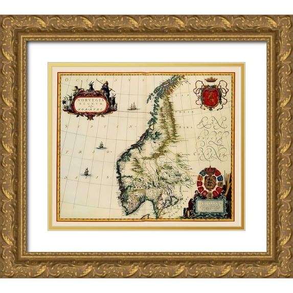 Blaeu 17x15 Gold Ornate Wood Framed with Double Matting Museum Art Print Titled - Scandinavia Norway - Blaeu 1662