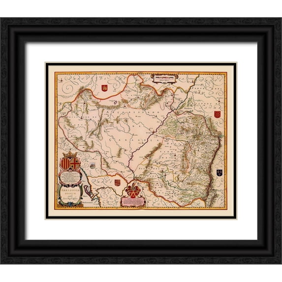 Blaeu 18x15 Black Ornate Wood Framed with Double Matting Museum Art Print Titled - Aragon Spain - Blaeu 1638