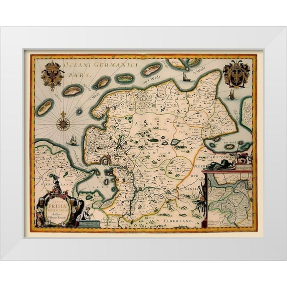 Blaeu 18x15 White Modern Wood Framed Museum Art Print Titled - East Friesland Netherlands - Blaeu 1630