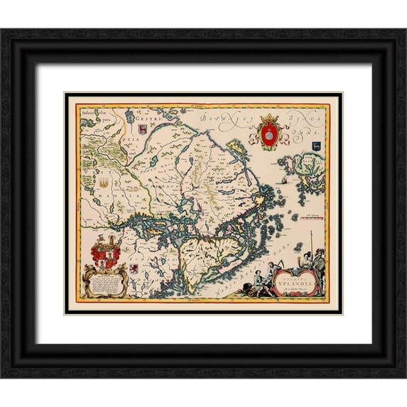 Blaeu 24x20 Black Ornate Wood Framed with Double Matting Museum Art Print Titled - Uppland Province Sweden - Blaeu 1640