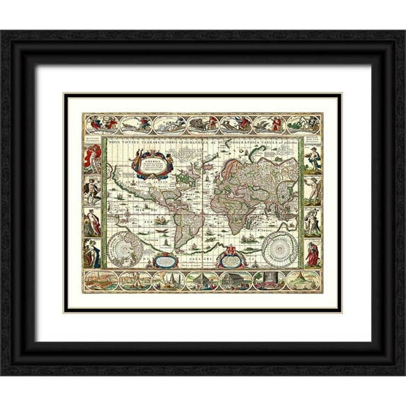 Blaeu 24x20 Black Ornate Wood Framed with Double Matting Museum Art Print Titled - World America 1492 to 1499 - Bleau