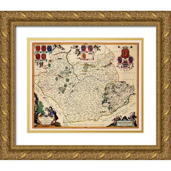 Blaeu 24x20 Gold Ornate Wood Framed with Double Matting Museum Art Print Titled - Leicestershire County England - Blaeu 1646
