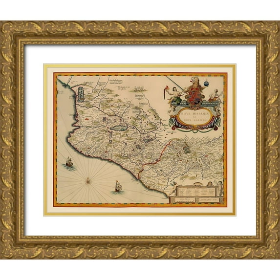 Blaeu 24x20 Gold Ornate Wood Framed with Double Matting Museum Art Print Titled - Mexico - Blaeu 1635