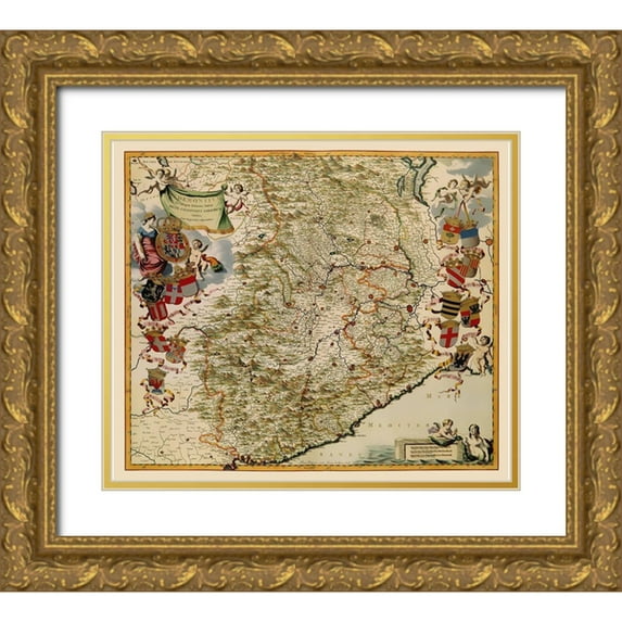 Blaeu 30x26 Gold Ornate Wood Framed with Double Matting Museum Art Print Titled - Piedmont Region Italy - Blaeu 1682
