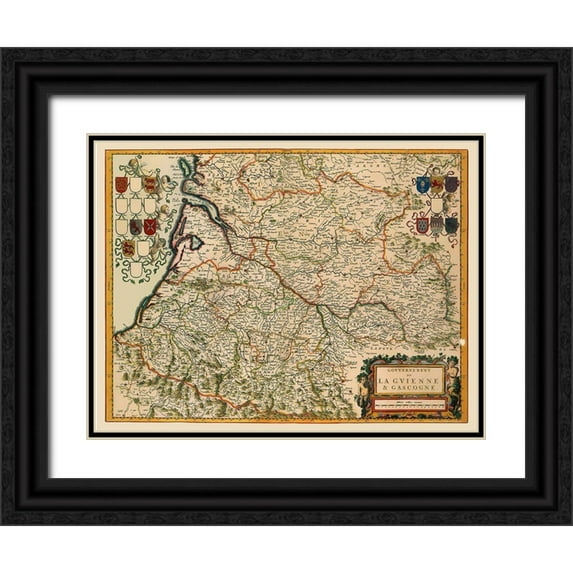Blaeu 32x25 Black Ornate Wood Framed with Double Matting Museum Art Print Titled - Southwestern Wine Region France - Blaeu 1662