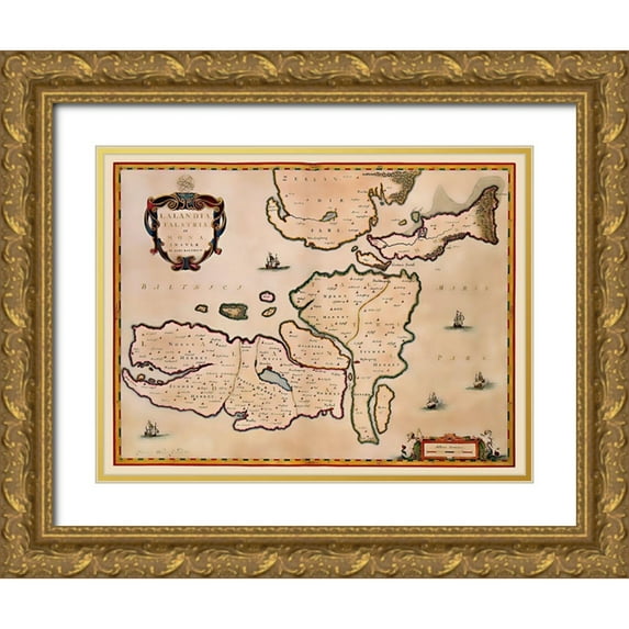 Blaeu 32x25 Gold Ornate Wood Framed with Double Matting Museum Art Print Titled - Scandinavia Denmark - Blaeu 1662