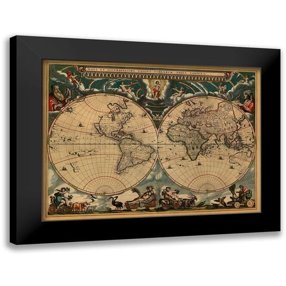 Blaeu, Johannes 14x12 Black Modern Framed Museum Art Print Titled - New and Accurate Map of the World