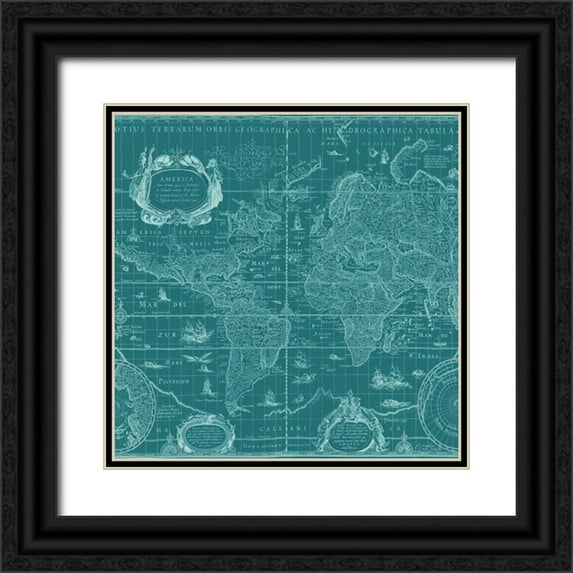 Blaeu, Willem 26x26 Black Ornate Wood Framed with Double Matting Museum Art Print Titled - Blueprint Map(Teal)
