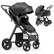 Blahoo Baby Stroller for Newborn, 2 in1 High Landscape Stroller, Foldable Aluminum Alloy Pushchair with Adjustable Backrest.Adjustable Awning, Variable Seat and Recliner(BLACK)