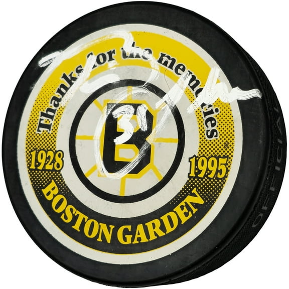 Blaine Lacher Autographed Boston Bruins Logo Hockey Puck Beckett BAS QR #BM00442