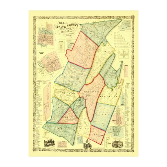 Blair County Pennsylvania Art, 1859 Vintage Map of Blair County PA History Wall Decor Gift, Old Blair County PA Map - 24" x 36" Unframed Print