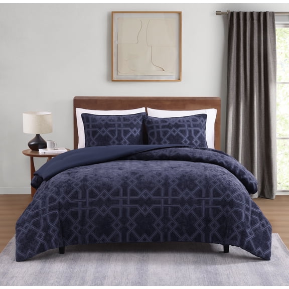 Blair Geo Navy Blue 3-Piece Soft Chenille Jacquard Comforter Set - Full/Queen