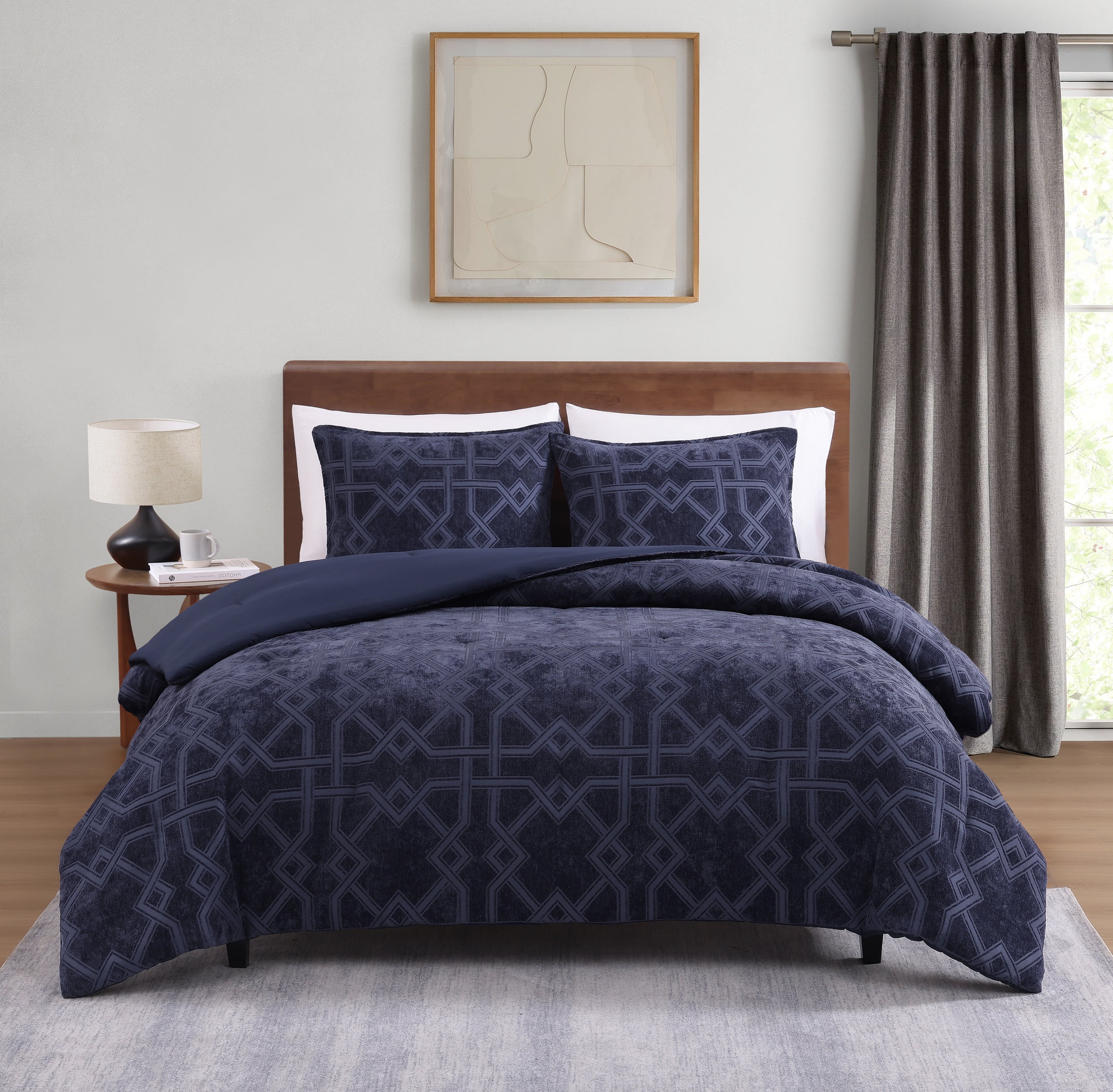 Blair Geo Navy Blue 3-Piece Soft Chenille Jacquard Comforter Set - King
