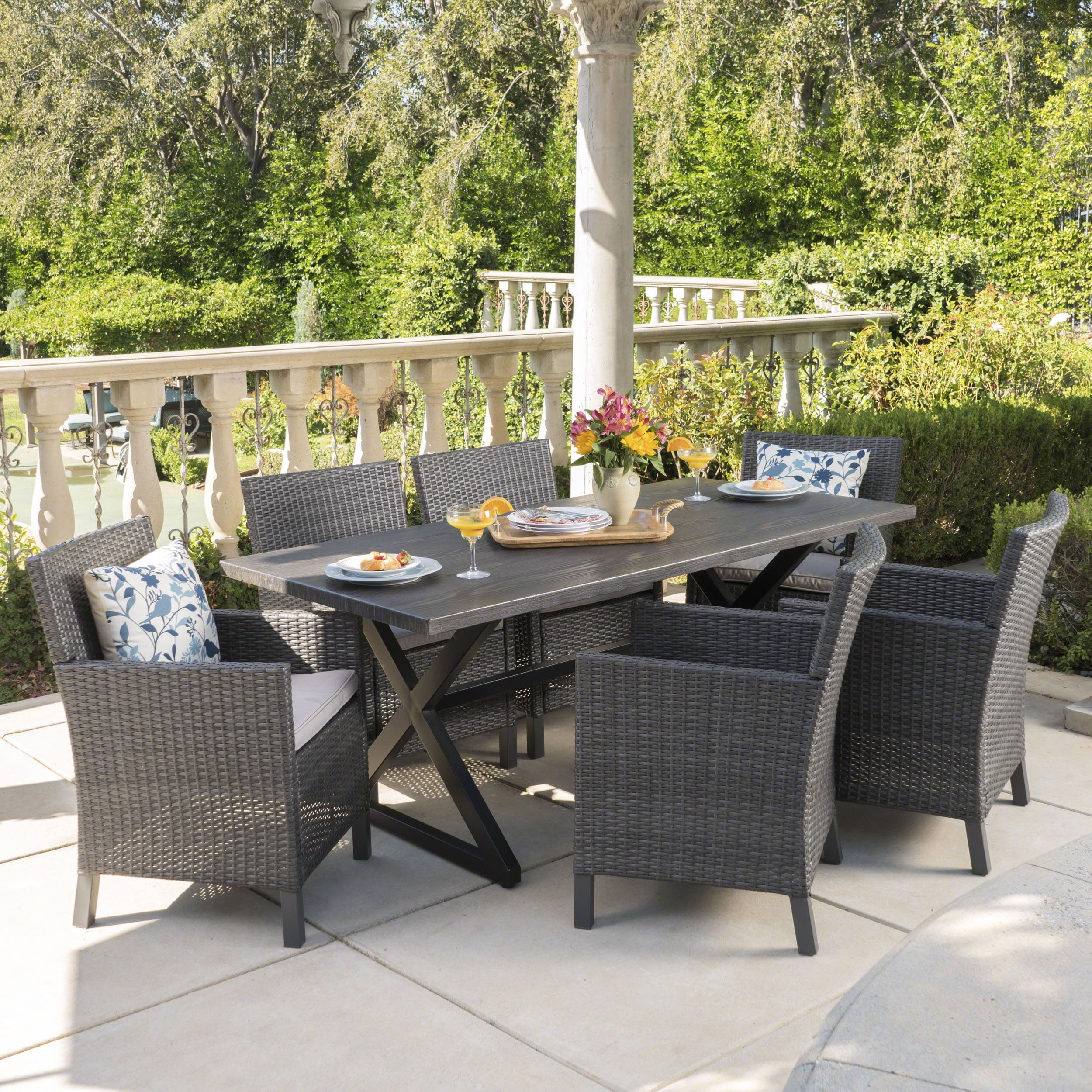 Blair Outdoor 7 Piece Dining Set with Dining Table and Water Resistant Cushions